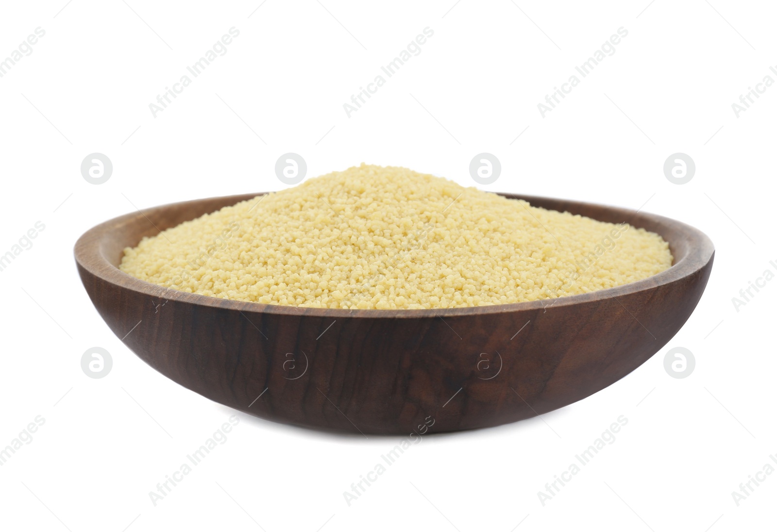 Photo of Bowl of raw couscous isolated on white