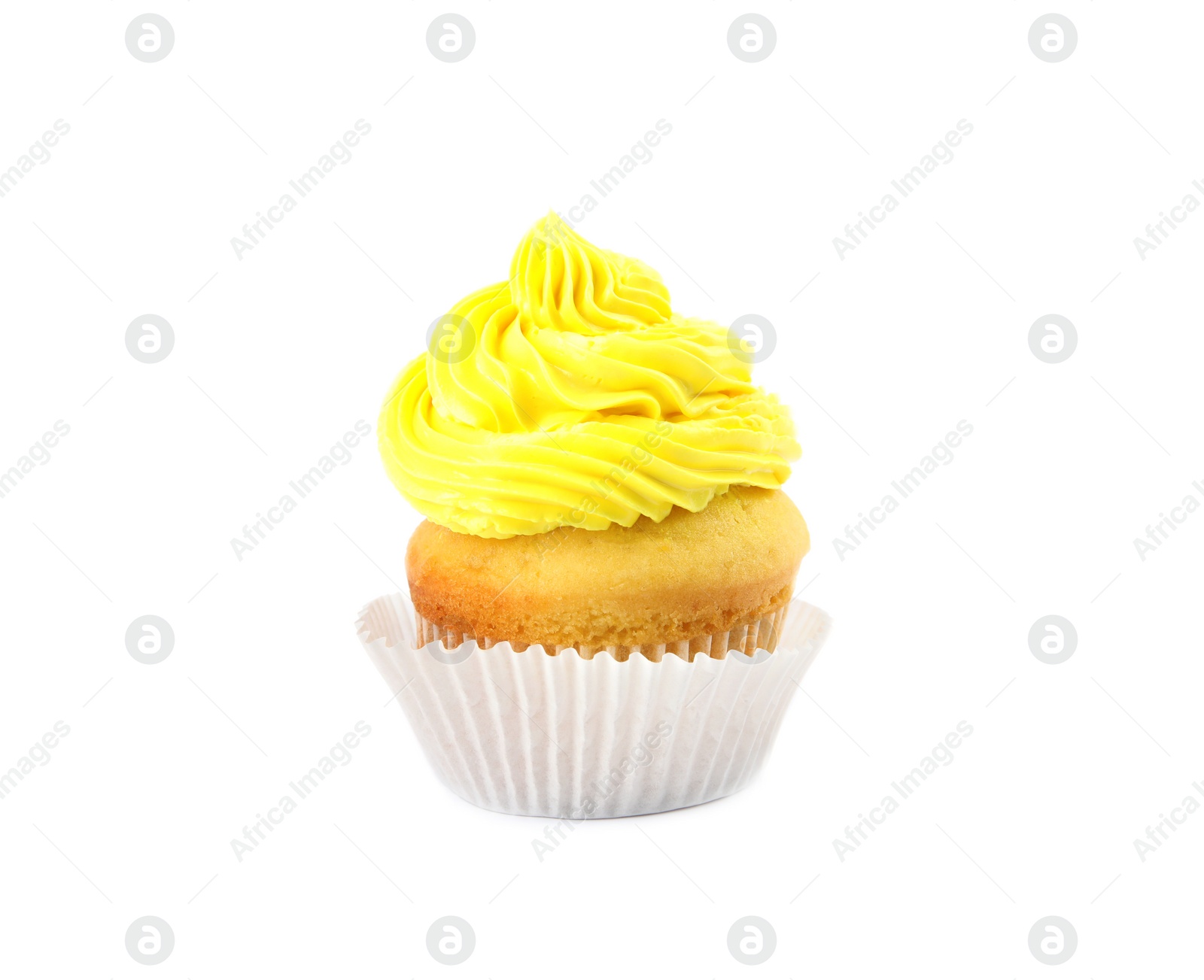 Photo of Tasty birthday cupcake with cream on white background