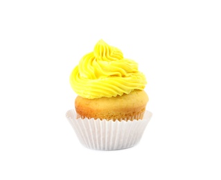 Photo of Tasty birthday cupcake with cream on white background