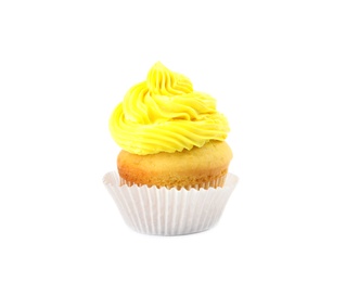 Tasty birthday cupcake with cream on white background