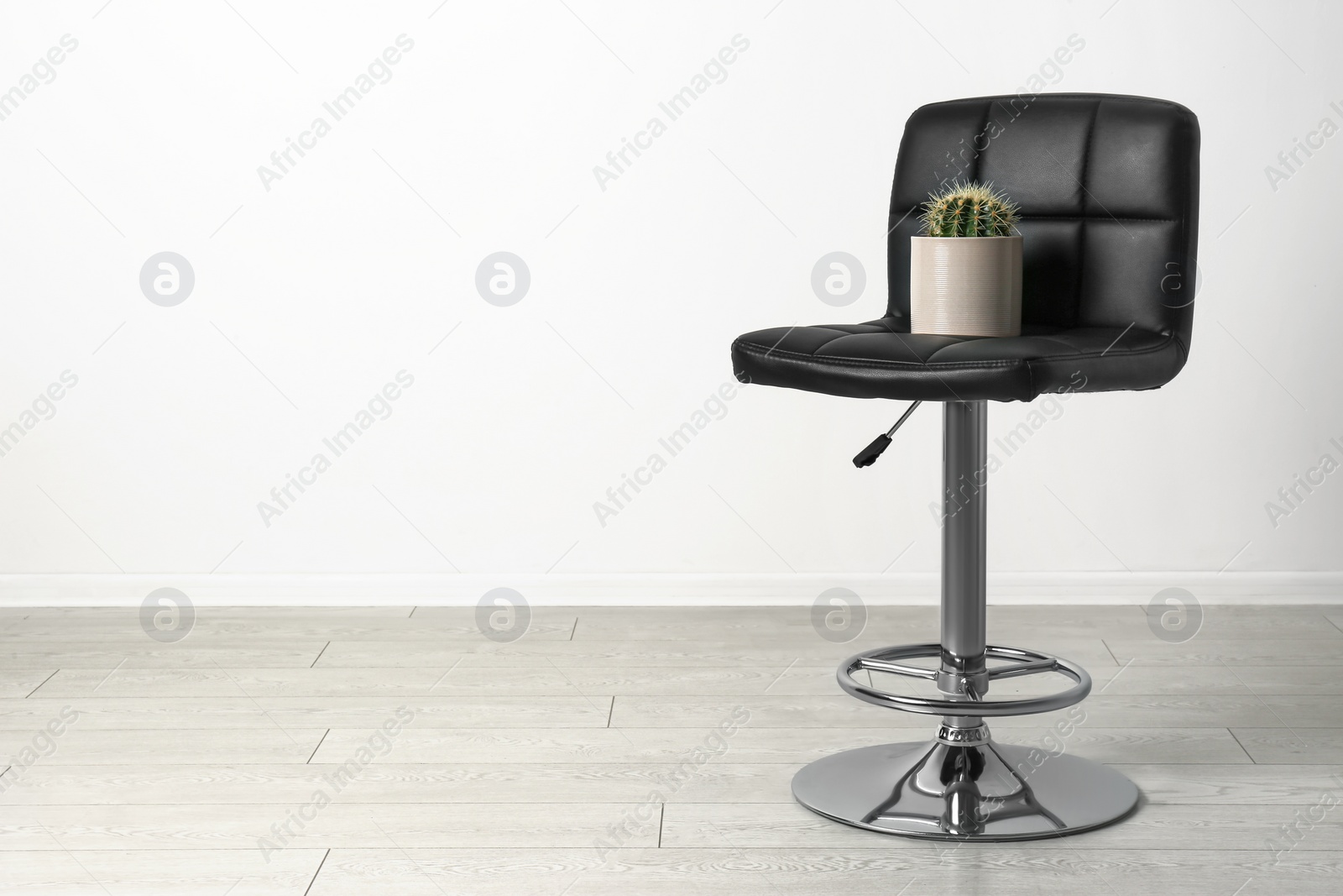 Photo of Chair with cactus near white wall, space for text. Hemorrhoids concept