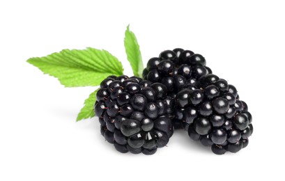 Photo of Tasty ripe blackberries and green leaves isolated on white