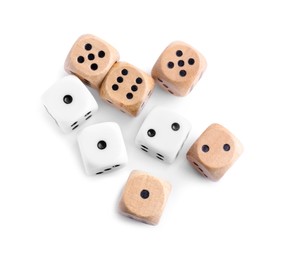 Photo of Many dices isolated on white, top view