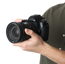 Photographer holding modern camera on white background, closeup