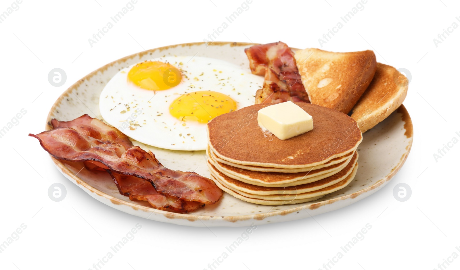 Photo of Tasty pancakes with fried eggs and bacon isolated on white