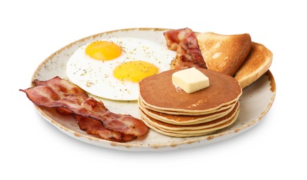 Photo of Tasty pancakes with fried eggs and bacon isolated on white