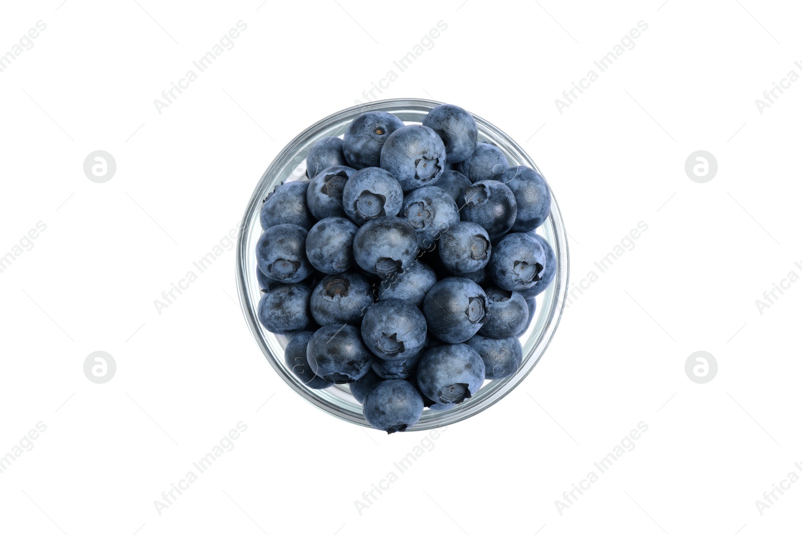 Photo of Fresh ripe blueberries in glass bowl on white background, top view