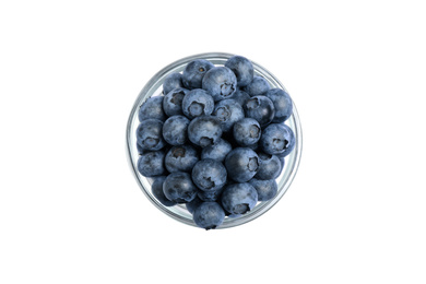 Photo of Fresh ripe blueberries in glass bowl on white background, top view