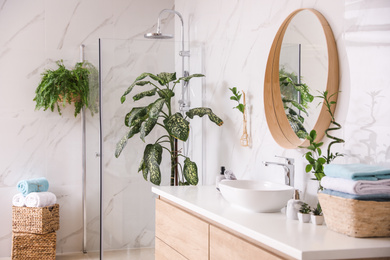 Photo of Beautiful green plants near vessel sink on countertop in bathroom. Interior design