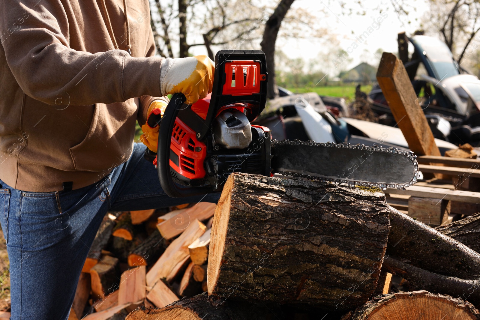 Photo of Man sawing wooden log on sunny day, closeup