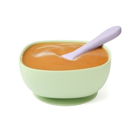 Tasty baby food and spoon in bowl isolated on white