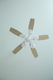 Photo of Ceiling fan with lamps indoors, bottom view