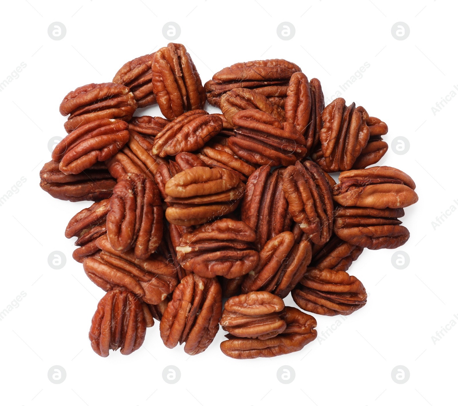 Photo of Tasty pecan nuts isolated on white, top view