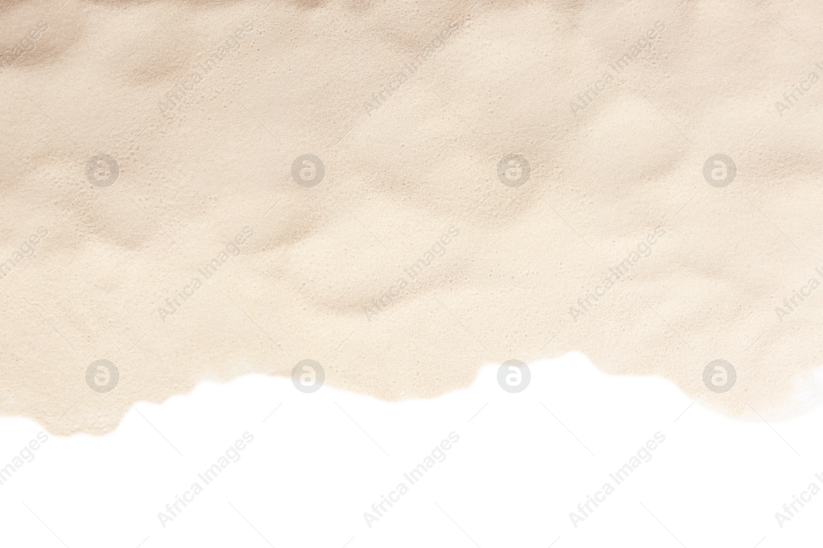 Photo of Dry beach sand on white background, top view