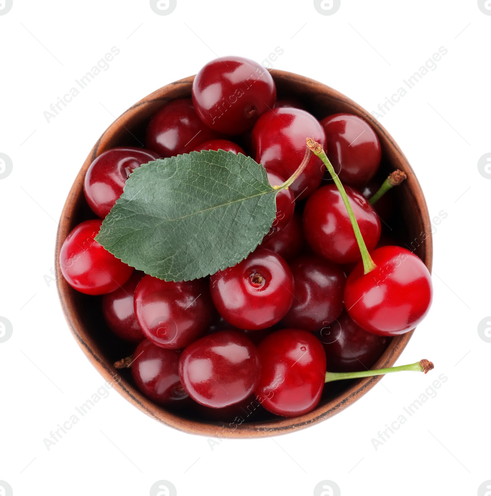 Photo of Sweet juicy cherries in bowl isolated on white, top view