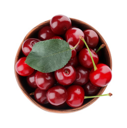 Sweet juicy cherries in bowl isolated on white, top view