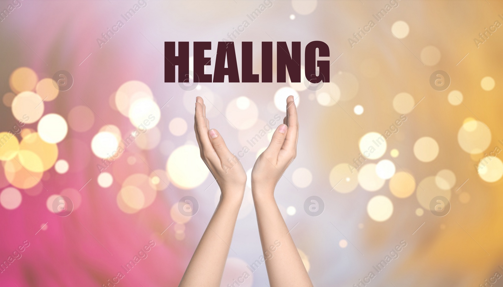 Image of Closeup view of woman on color background. Healing concept