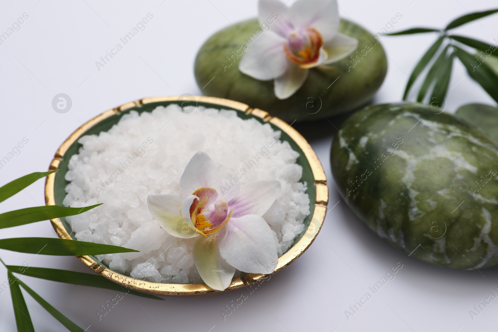 Photo of Beautiful composition with different spa products on white table, closeup