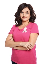 Photo of Woman with silk ribbon on white background. Breast cancer awareness concept