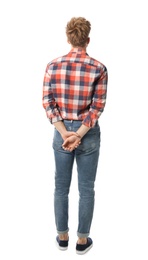 Young man in casual clothes posing on white background