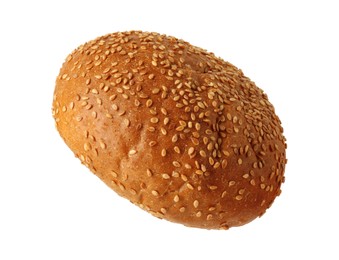 Photo of One fresh burger bun with sesame seeds isolated on white