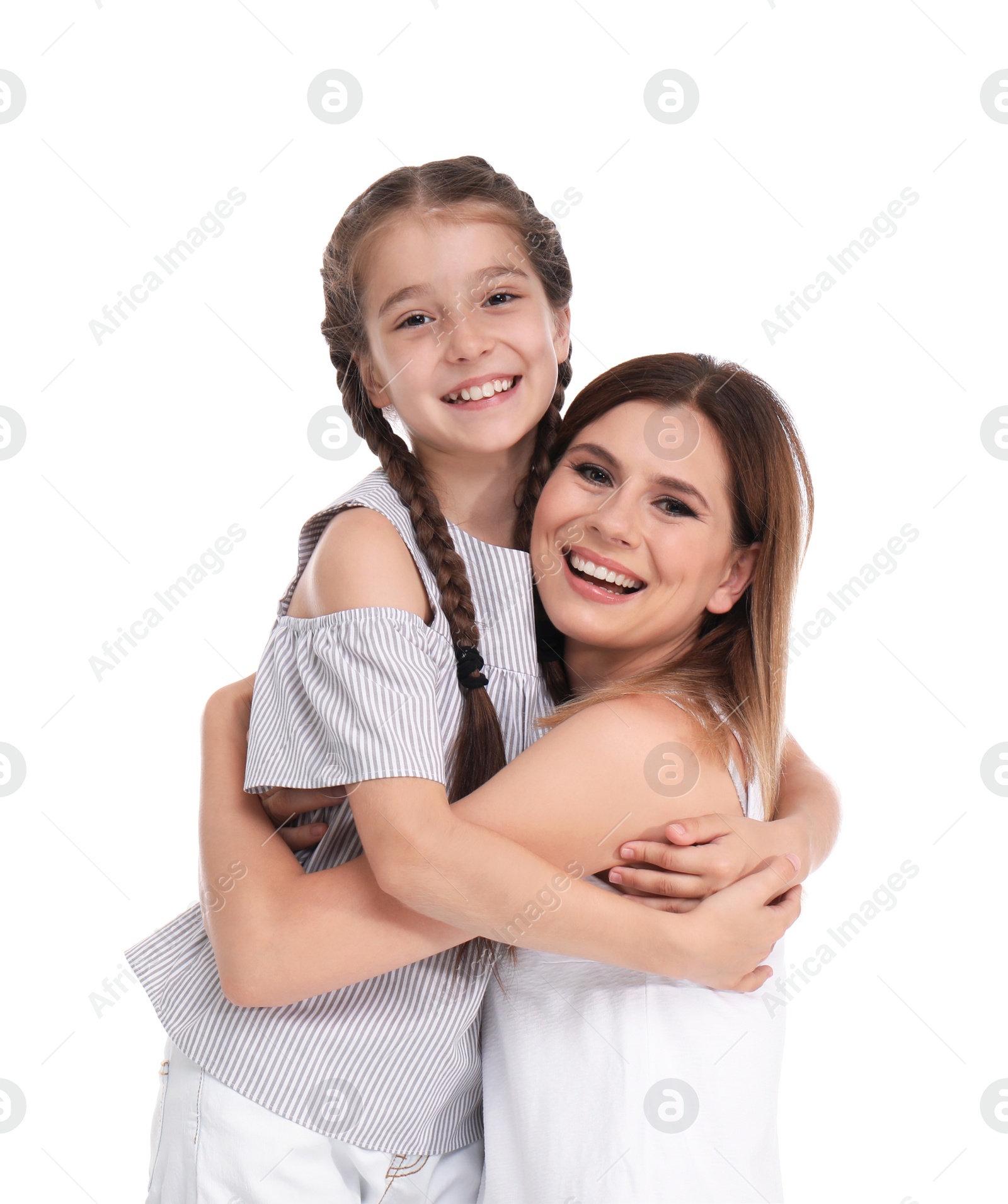 Photo of Mother with child on white background. Happy family