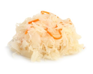 Photo of Tasty sauerkraut with carrot on white background