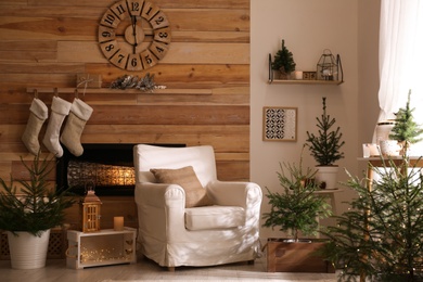 Photo of Potted fir trees and Christmas decorations in room with fireplace. Stylish interior design