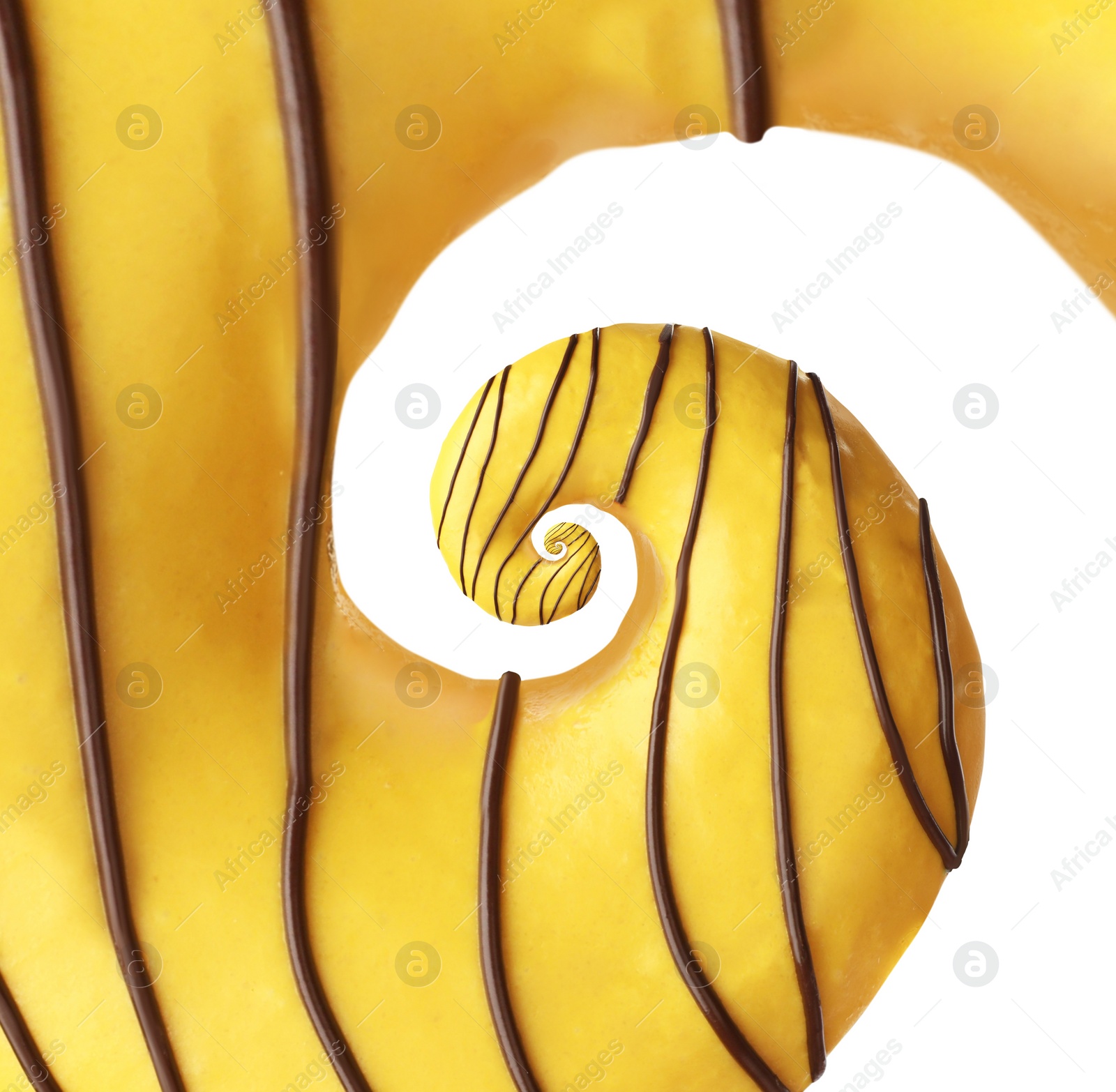 Image of Twisted donut with banana icing and chocolate topping on white background, spiral effect