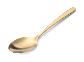 Photo of One shiny golden spoon isolated on white