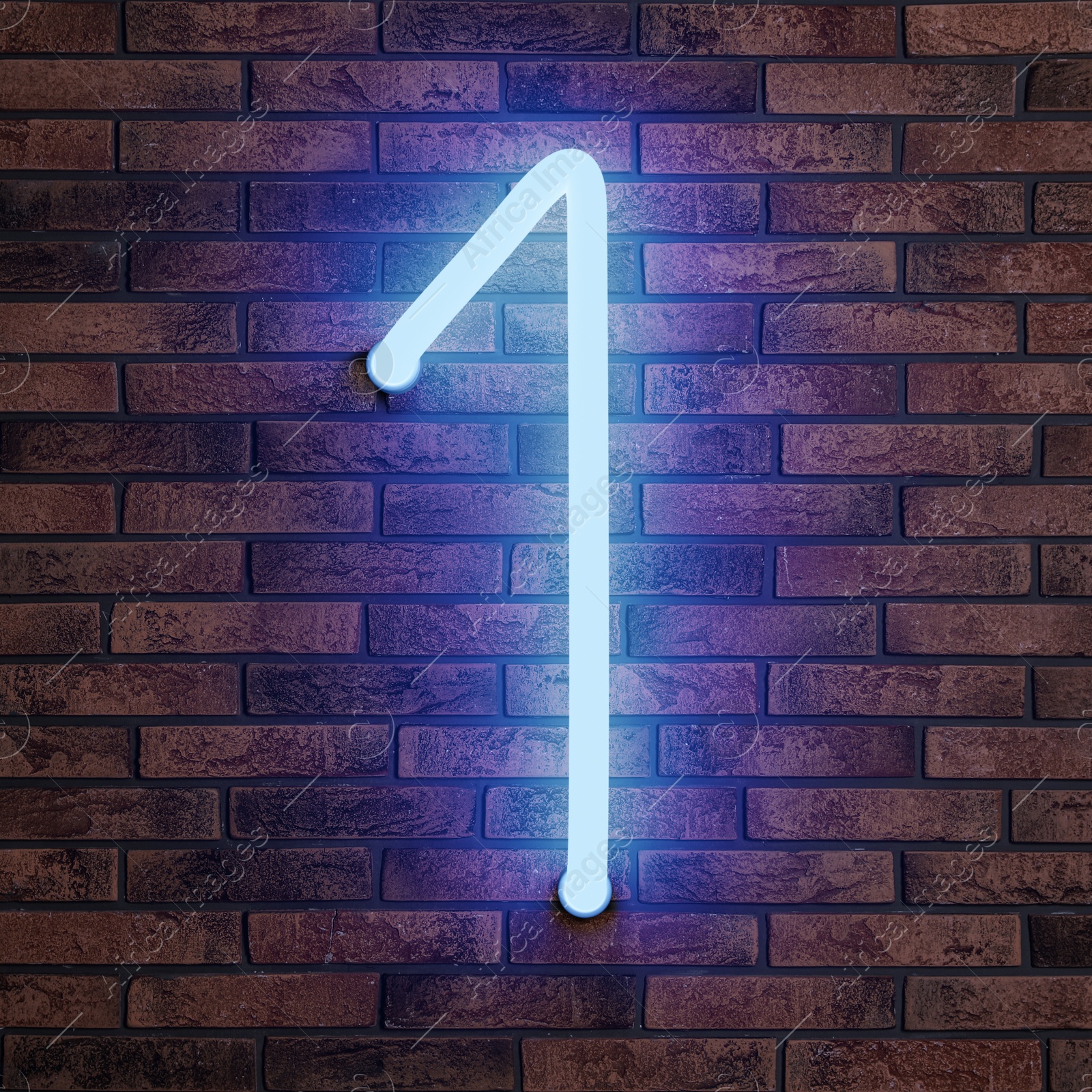 Image of Glowing neon number 1 sign on brick wall