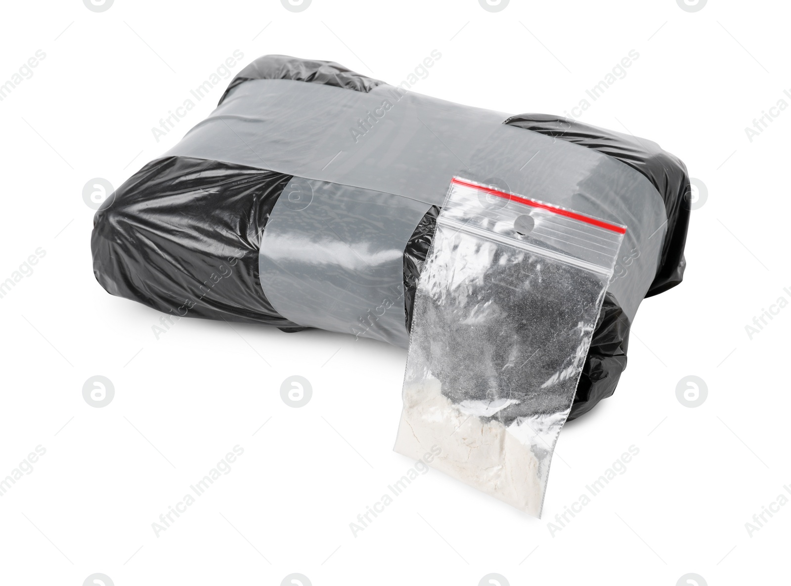 Photo of Packages with narcotics isolated on white. Drug addiction