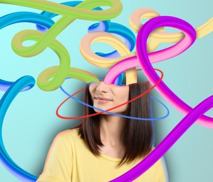 Image of Stylish creative artwork. Woman with different colorful elements on light blue background