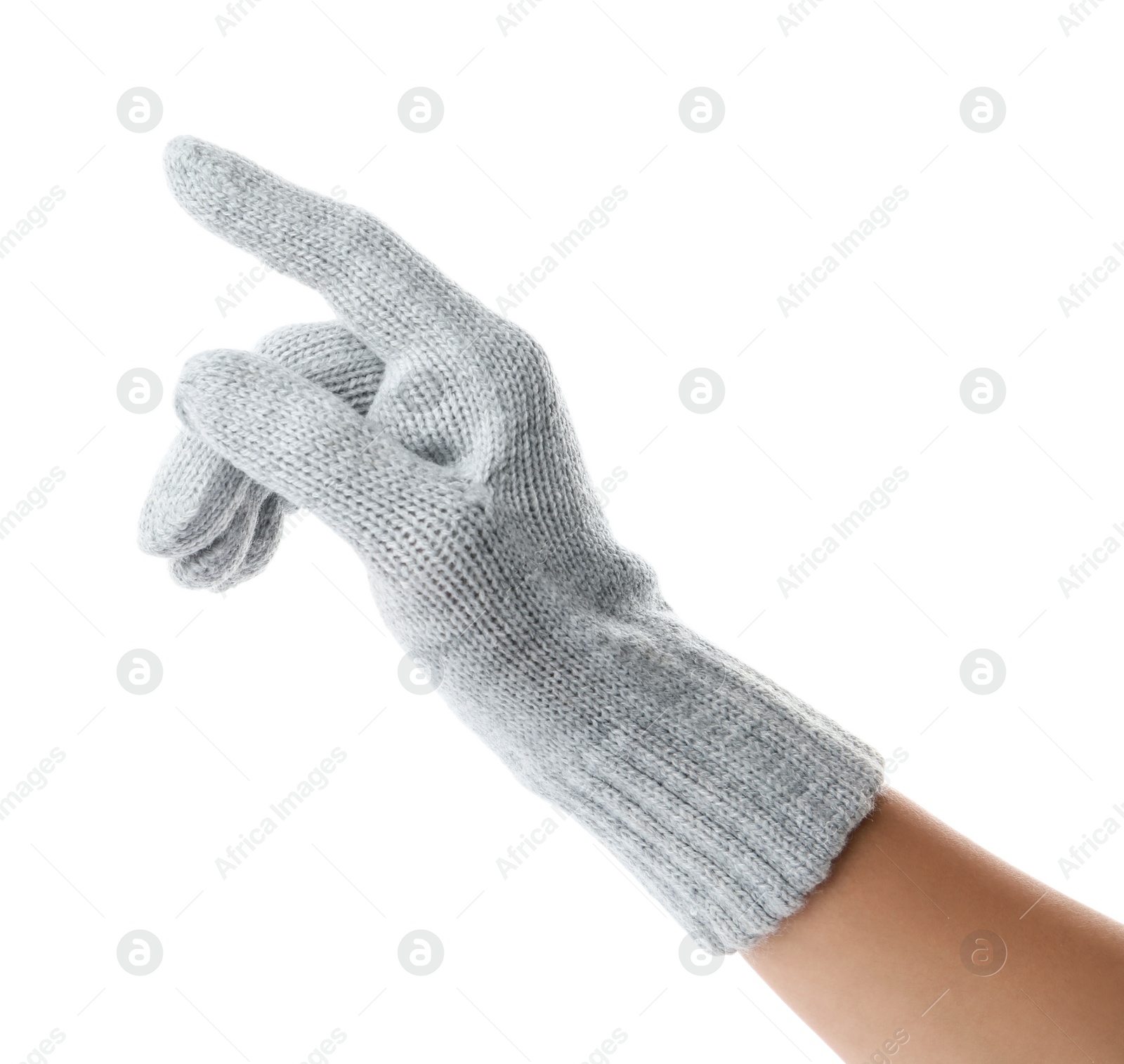 Photo of Woman in grey woolen glove pointing on white background, closeup