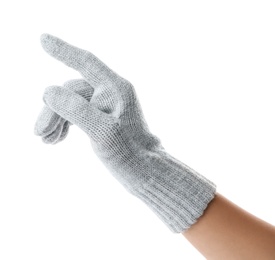Woman in grey woolen glove pointing on white background, closeup