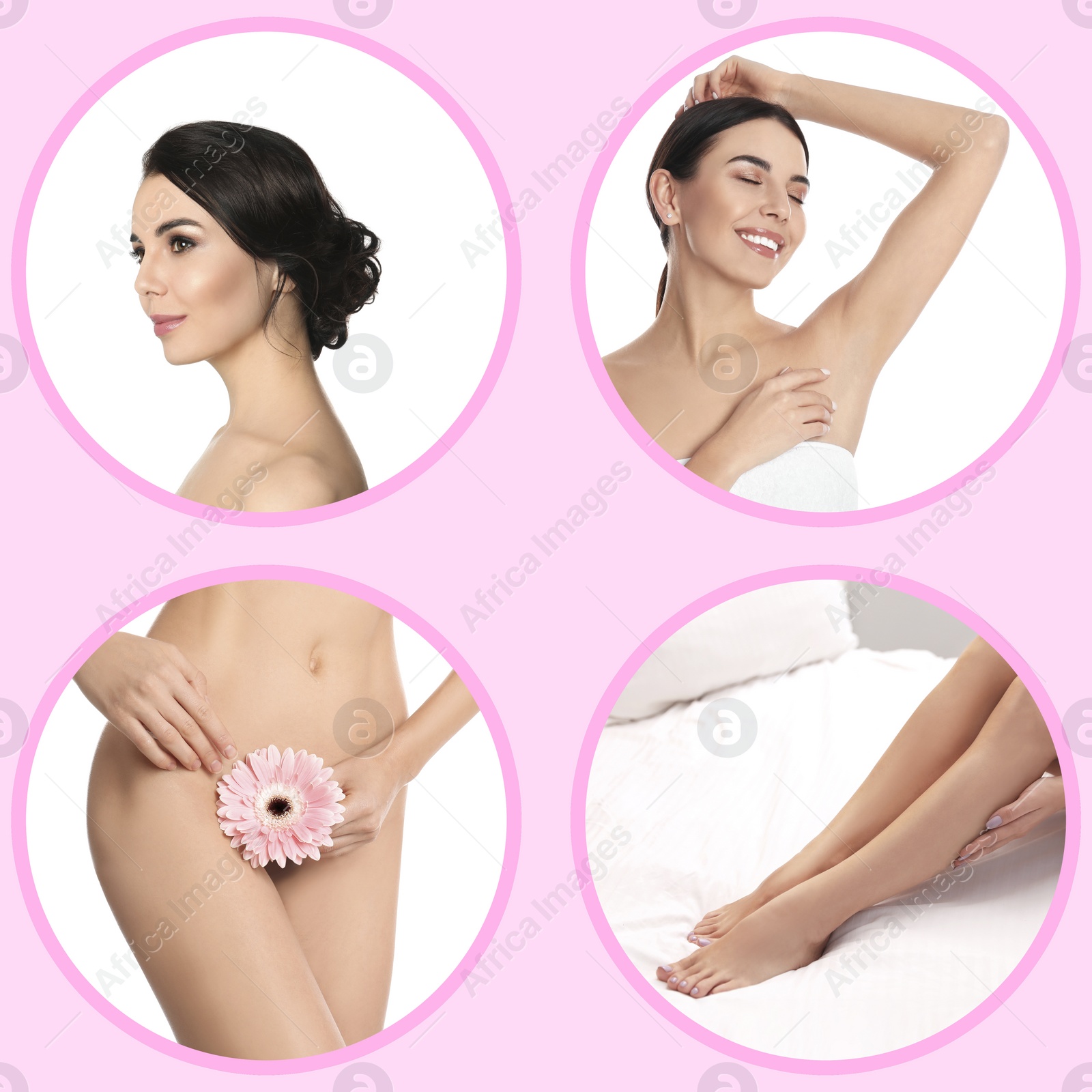 Image of Collage with photos of woman showing smooth skin after epilation