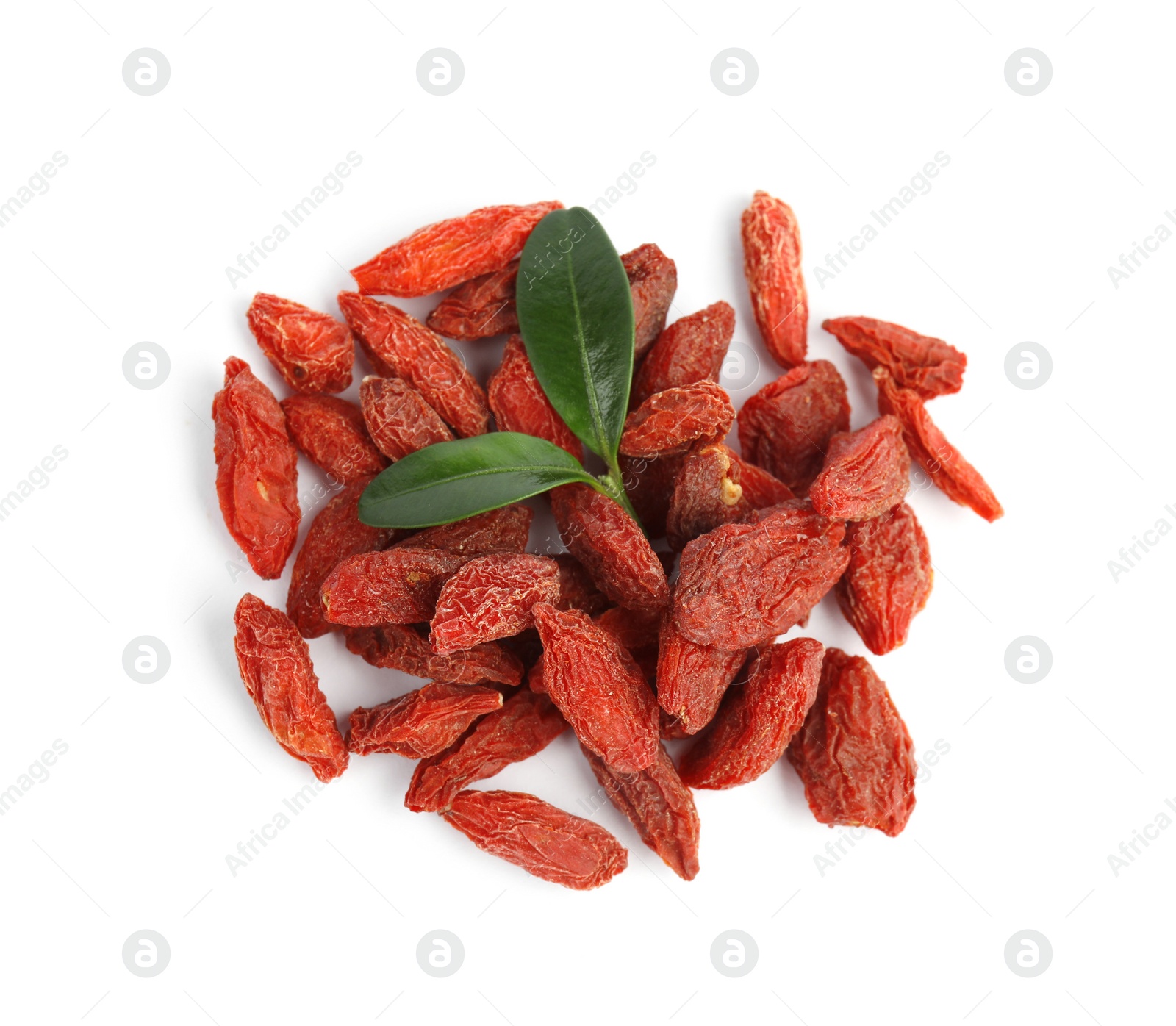 Photo of Pile of dried goji berries and leaves on white background, top view