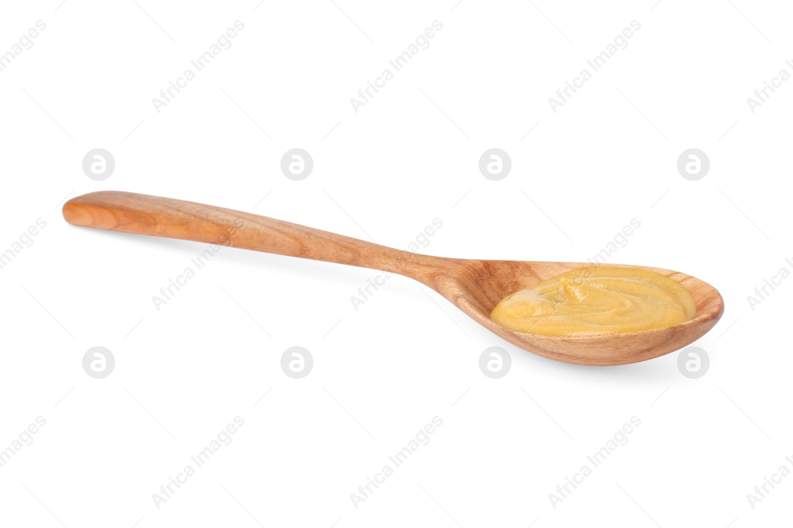 Photo of Fresh tasty mustard sauce in wooden spoon isolated on white