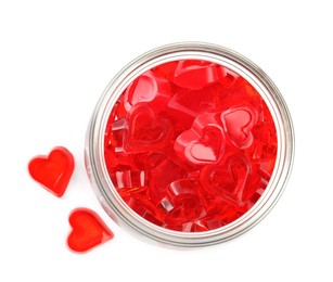 Photo of Tasty heart shaped jelly candies on white background, top view