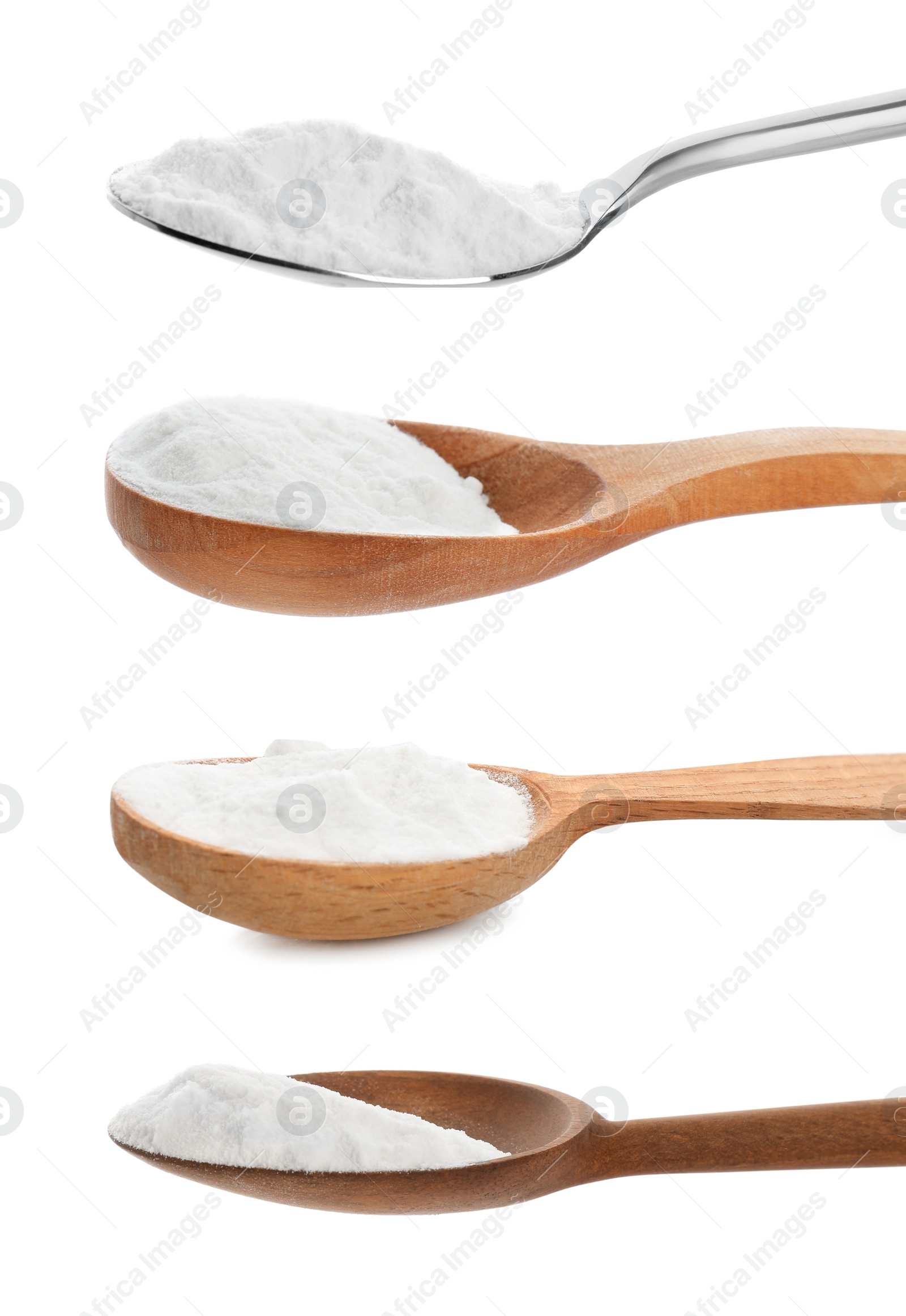 Image of Set with spoons of baking soda on white background