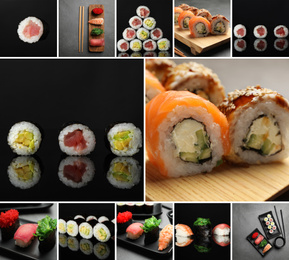 Image of Collage with photos of delicious sushi and rolls