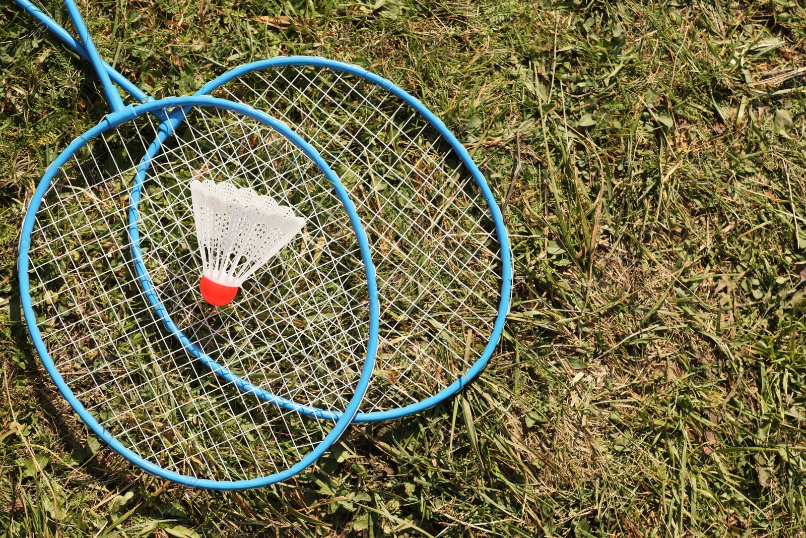 Photo of Badminton racquets and shuttlecock on green grass outdoors, flat lay. Space for text