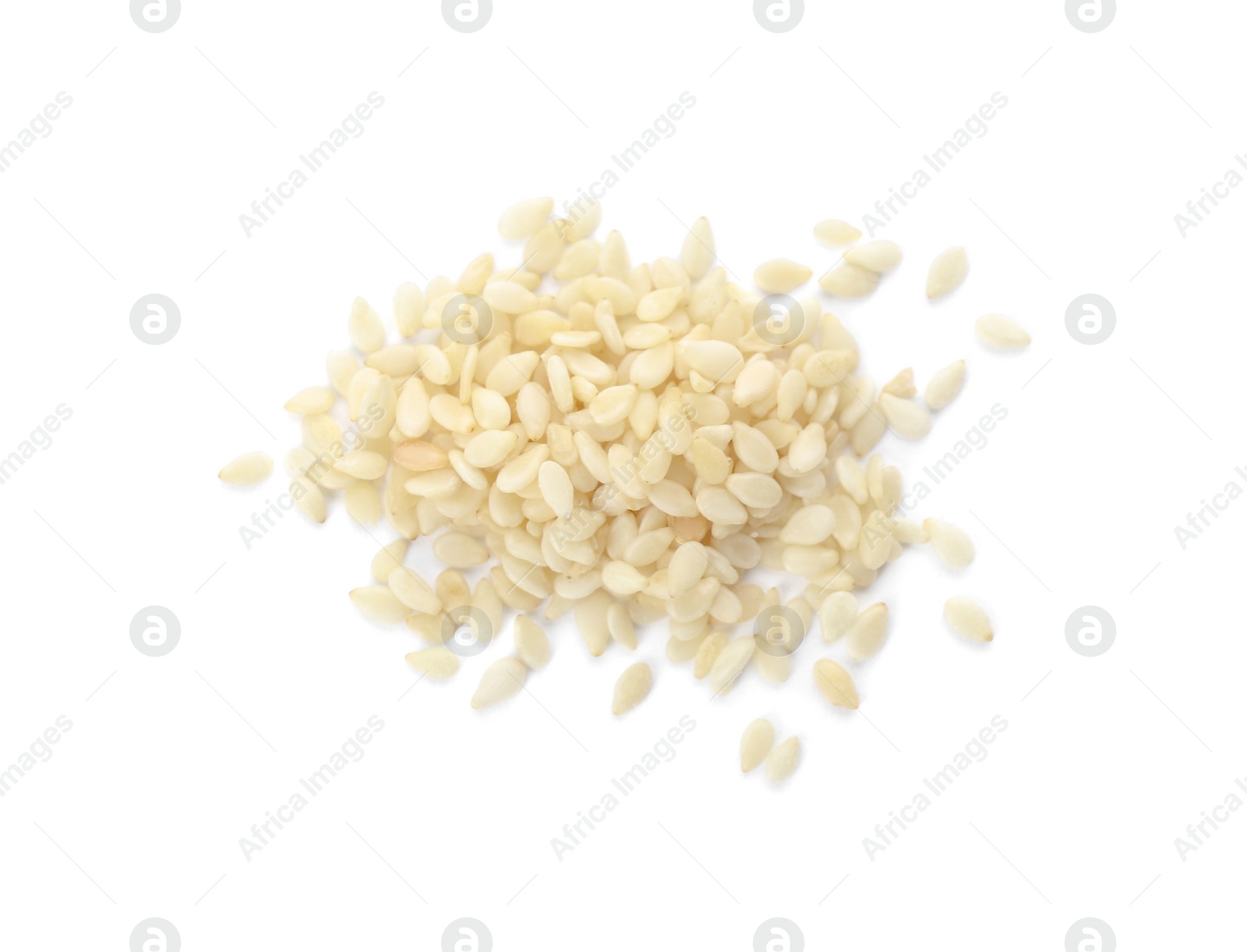 Photo of Pile of sesame seeds on white background, top view