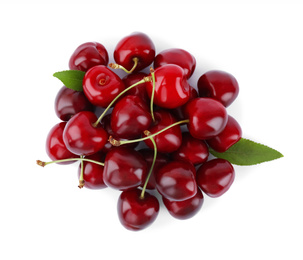 Photo of Tasty ripe red cherries with green leaves isolated on white, top view