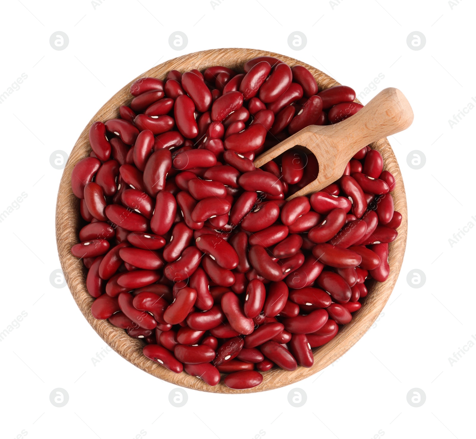Photo of Wooden bowl with raw red kidney beans and scoop isolated on white, top view