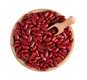 Wooden bowl with raw red kidney beans and scoop isolated on white, top view