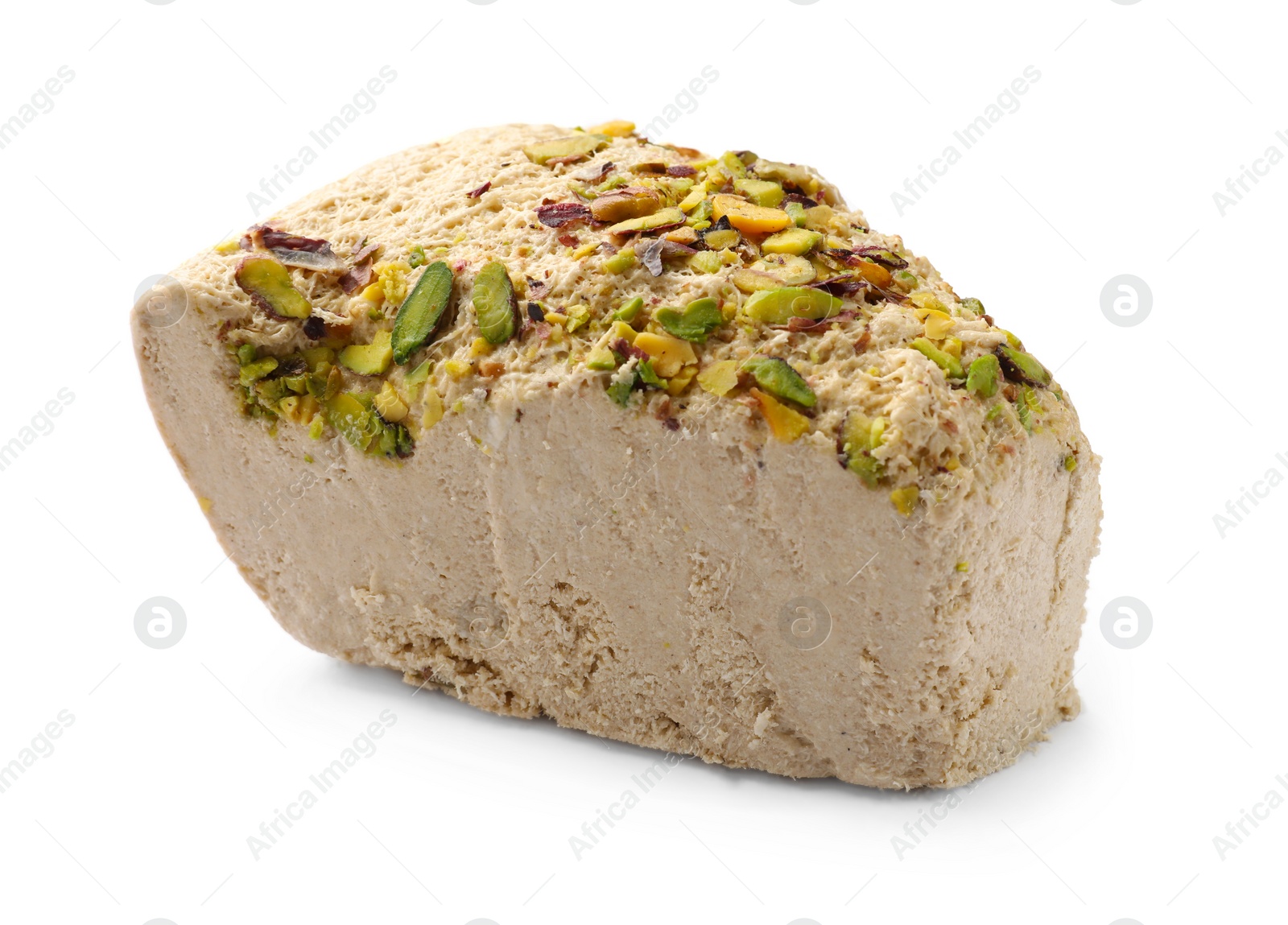 Photo of Piece of tasty halva with pistachios isolated on white