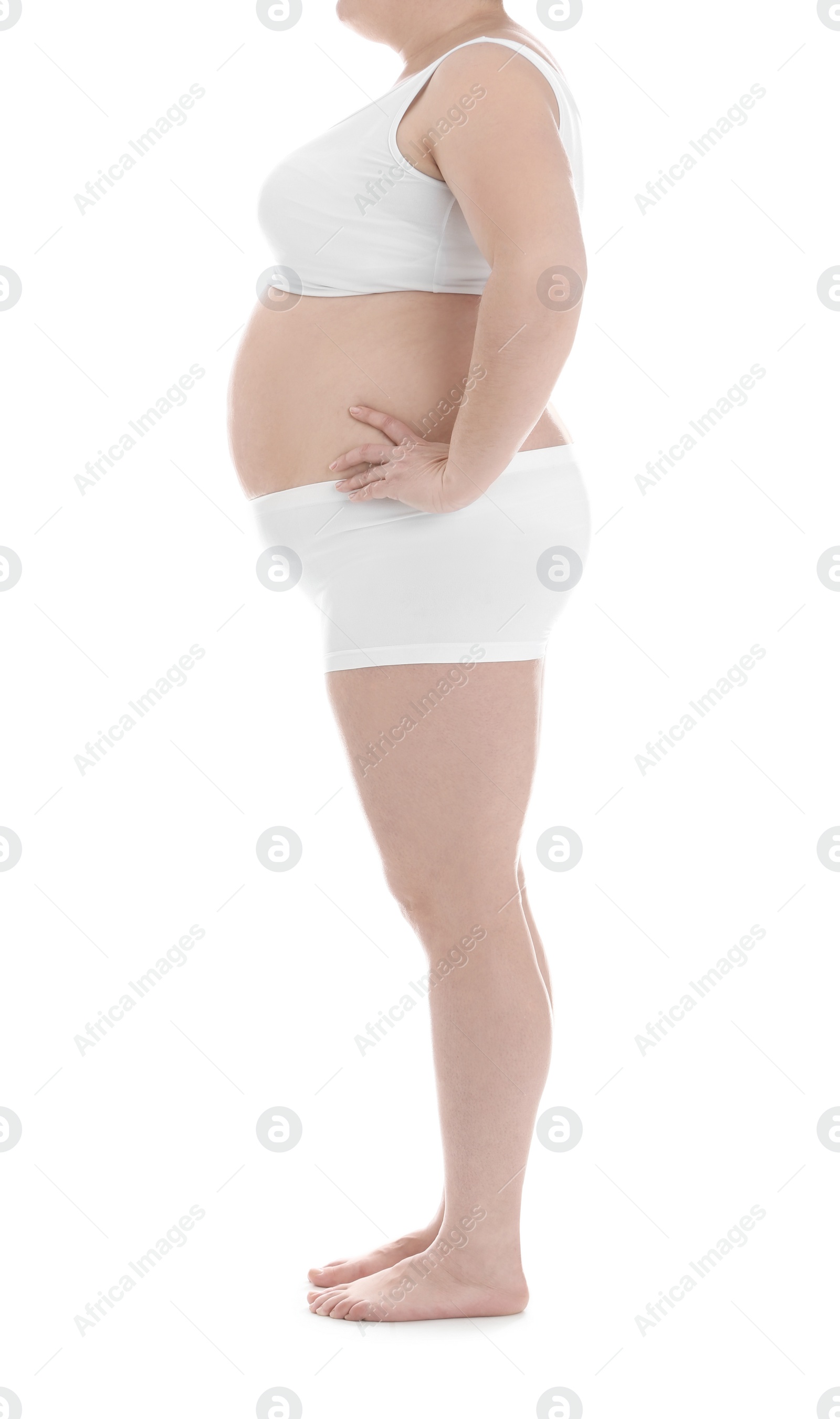 Photo of Overweight woman on white background, closeup. Weight loss