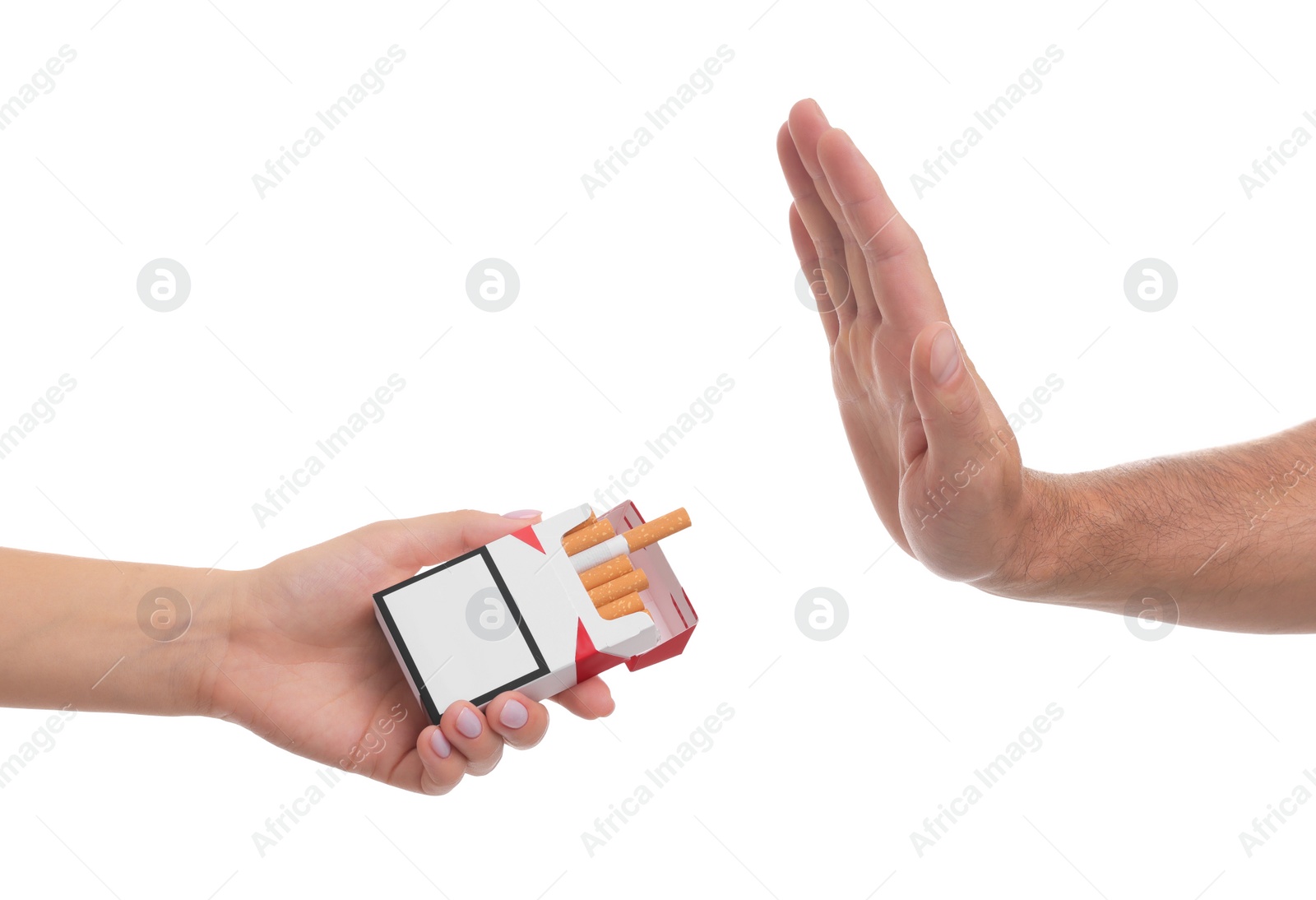 Photo of Stop smoking concept. Man refusing cigarettes on white background, closeup