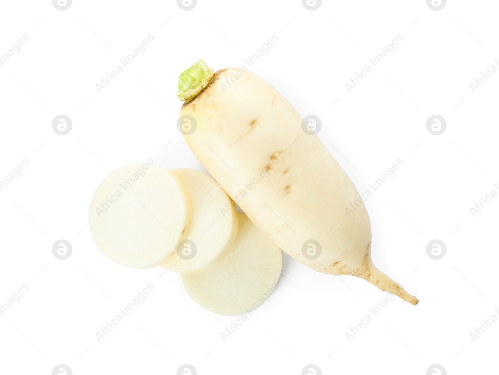 Photo of Sliced and whole fresh ripe turnips on white background, top view
